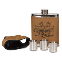 Load image into Gallery viewer, Leather Stainless Steel Flask w/ Lid &amp; 3 Shot Glasses
